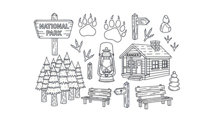 Fototapeta premium Outlined national park elements sign cabin trees and wildlife tracks