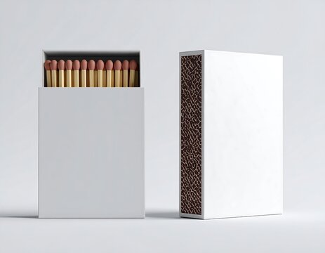 Two matchboxes one open with matches, another closed, positioned on a solid white background, high quality rendering