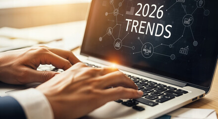 "Hands Typing on Laptop Keyboard with '2026 Trends' on Screen &mdash; Research and Market Analysis"
