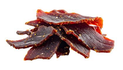 Close-up of a pile of sliced, seasoned, and dried meat with visible texture