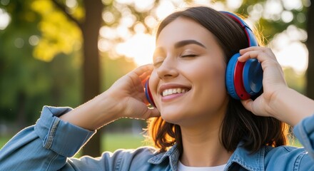 Young woman immersing herself in music with headphones under radiant sunbeams