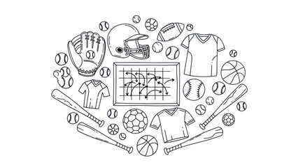 Sports equipment and gear illustration in black and white isolated design