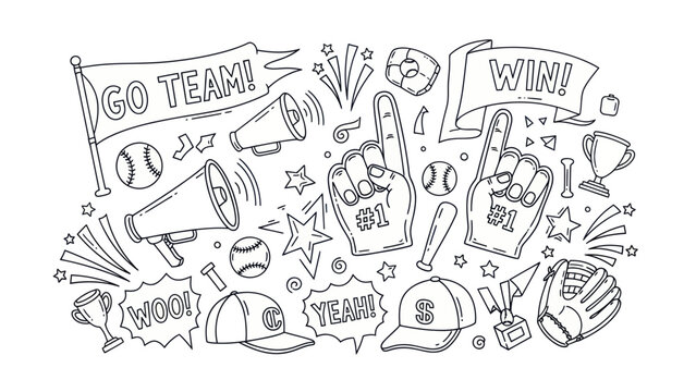 Sports cheerleading doodle vector illustration elements on white