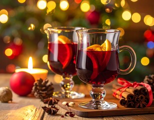 Two glass mugs of mulled wine with orange slices on a rustic table, softly lit against a festive blurred background