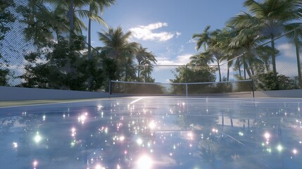 Bright sunlit tennis court surrounded by palms on a clear day with reflections