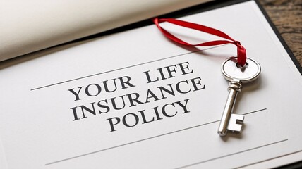 Life insurance policy with key on red ribbon and important document