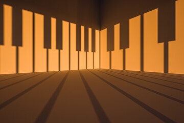 An artistic representation of piano keys cast in shadows on a wall, illuminated by warm light, creating a unique and serene ambiance.