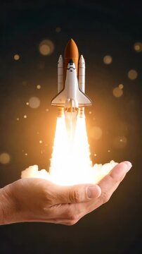 Hand holding space shuttle launching with flames, symbolizing aspirations, innovation, and the future of technology.