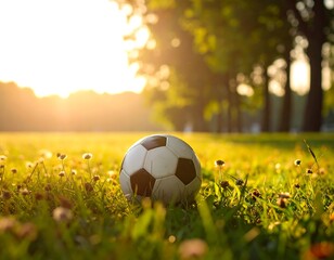 Close-up of soccer ball in a grassy field with the setting sun shining