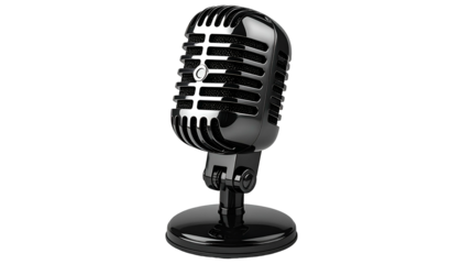 Sleek, vintage microphone in shiny black, isolated on a stark black background