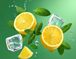 Lemon slices, mint leaves, and ice cubes floating against a green gradient