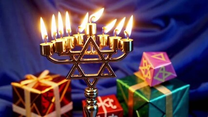 Menorah with dreidels david star and gifts for hanukkah celebration on blue background isolated illustrations
