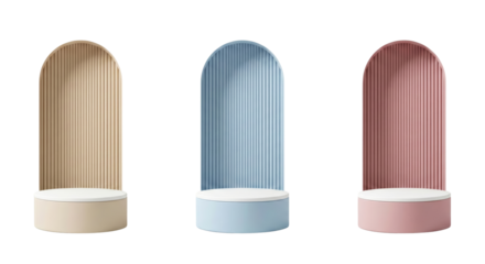 Minimalist exhibit display pedestals with colorful ribbed textures isolated on transparent