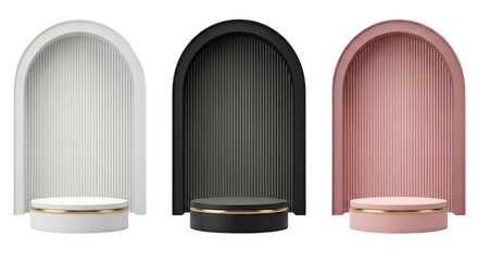 Minimalist display stands with elegant arch shapes on transparent background