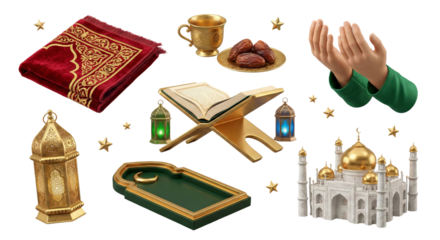 hands folded in prayer surrounded by religious symbols and artifacts isolated transparent background