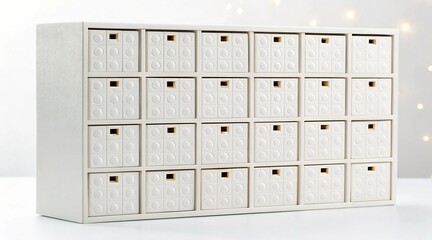 Cream colored wooden advent calendar with 25 drawers for holiday surprises and countdown to Christmas