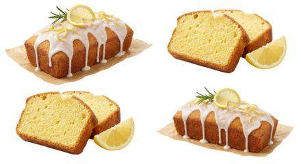 Delicious lemon drizzle cake with slices and fresh lemon wedges on a transparent background