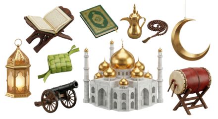 Collection of Islamic cultural artifacts and spiritual symbols isolated on transparent background