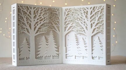 Intricate layered paper cut art depicting a serene winter forest scene, featuring delicate bare trees and evergreen pines, creating depth and a tranquil, festive atmosphere