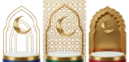 elegant Islamic golden crescent moon decoration with intricate lattice and arch designs isolated