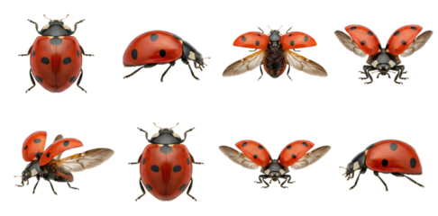 collection of various ladybugs with vivid red shells and black spots isolated on transparent