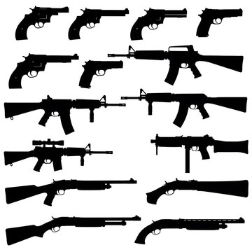 Black Firearms Silhouettes on White Background