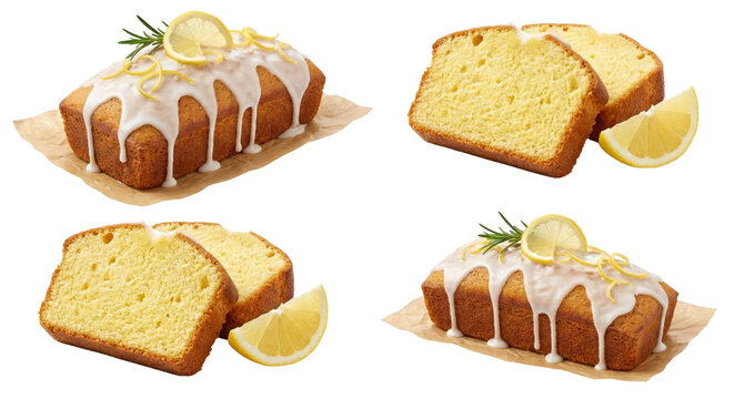 Delicious lemon drizzle cake with slices and fresh lemon wedges on a transparent background