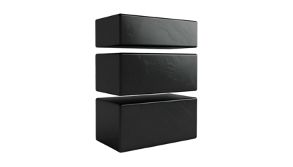 Three stacked rectangular black blocks with textured surfaces on a stark black background