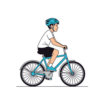 A young boy riding a blue bicycle while wearing a matching helmet