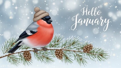 Hello January - bullfinch in knitted hat perched on snowy pine branch with cones. Snowflakes fall on soft winter background. Seasonal greetings