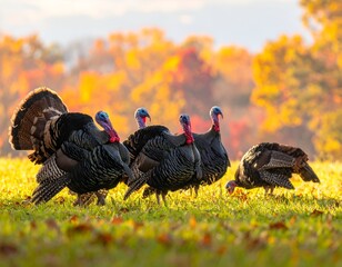A group of wild turkeys strutting in a field with vibrant autumn foliage