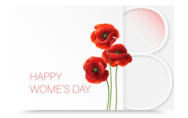 Minimal International Women&rsquo;s Day Banner Background with Red Poppy Flowers, March 8 Floral Greeting Card Design, Elegant Modern Feminine Poster Template with Copy Space for Celebration