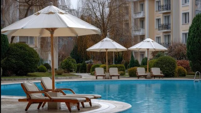 A serene outdoor swimming pool area is captured, featuring multiple inviting wooden lounge chairs with comfortable light-colored cushions, positioned beside the crystal-clear blue water. Elegant white