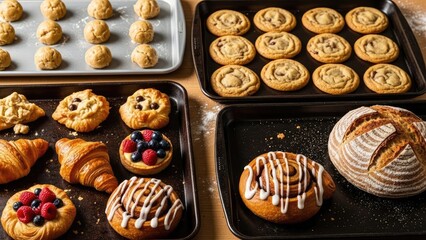 Assorted pastries and baked goods on multiple baking trays with various toppings and fillings, including croissants, danishes, and cookies on a wooden table