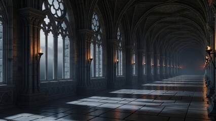 Elaborate gothic corridor illuminated by torchlight evokes historical elegance and mystery