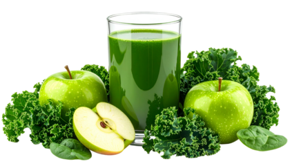 A glass of green juice surrounded by green apples, kale, and spinach on a black background