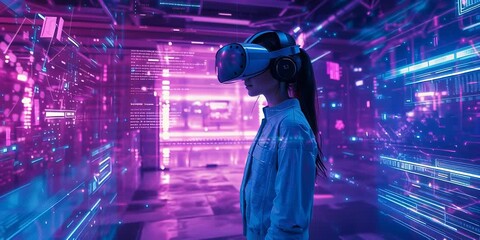 A kid girl learns online using futuristic technology. The concept of the integration of advanced digital tools in education, and learning experiences for the future generation. Generative AI. - Powered by Adobe