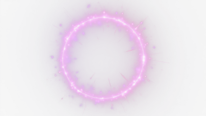 Neon purple luminous ring with radiant glare and sparkling particles, magical glow effect, clean circular symmetry, modern digital art  isolated on white background, PNG