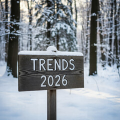 Rustic wooden sign in snowy winter forest reading "TRENDS 2026" &mdash; seasonal business concept

