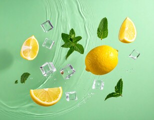 Levitation shot of lemon slices, mint leaves, and ice cubes