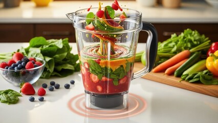 Fresh fruit and vegetable smoothie in a glass blender jug on a kitchen counter with berries, spinach, carrots, and other ingredients