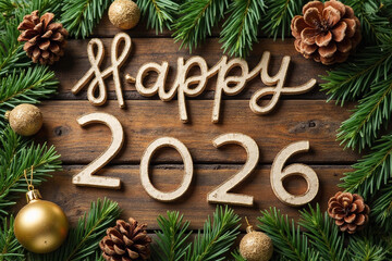 Happy New Year 2026 festive background with christmas tree and pine cone decoration on wooden background.