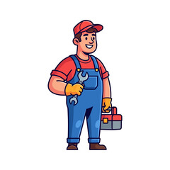 A smiling handyman in overalls carries tools and a toolbox