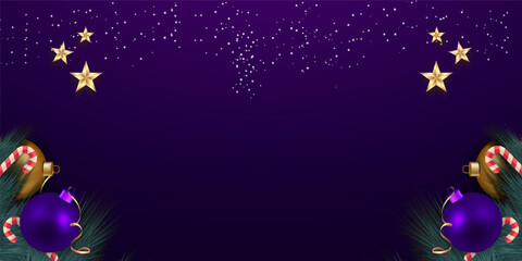 purple holiday border with pine branches silver confetti with copy space