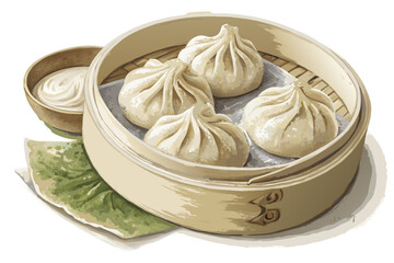 realistic luxury flat illustration of Chinese dumplings, soft dough folds with gentle highlights, minimal shading yet realistic form, refined neutral color palette, premium Asian food illustration