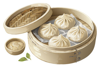 realistic luxury flat illustration of Chinese dumplings, soft dough folds with gentle highlights, minimal shading yet realistic form, refined neutral color palette, premium Asian food illustration