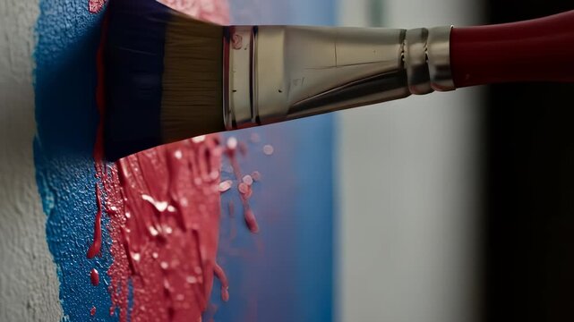 Close-up of paintbrush spreading vibrant red paint over a canvas, artistic expression