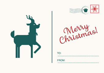 Retro Christmas postcard with a decorated evergreen tree and "Merry Christmas" text