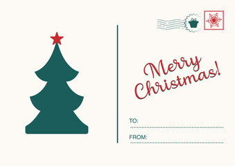 Retro Christmas postcard with a decorated evergreen tree and "Merry Christmas" text
