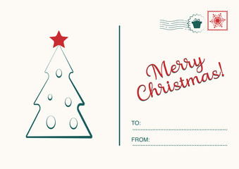 Retro Christmas postcard with a decorated evergreen tree and "Merry Christmas" text